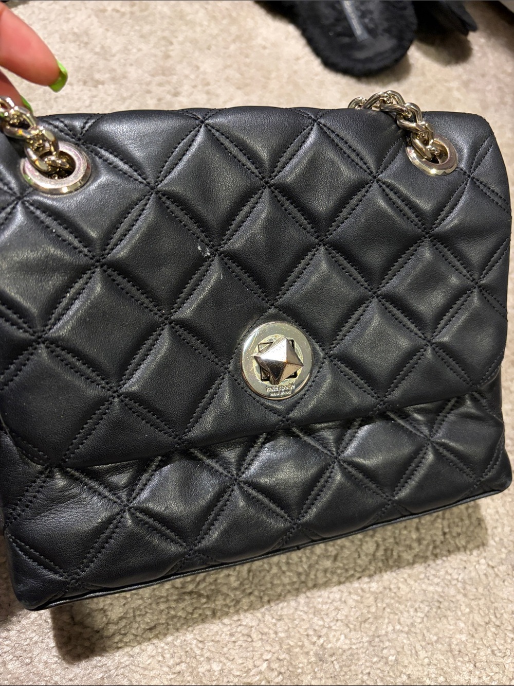 Black Quilted Leather Shoulder Bag with Gold Chain